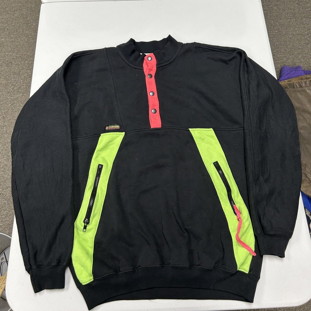 Columbia Pullover Sweatshirt Mens L Black Neon Green Pink Snap Neck Vintage E2
